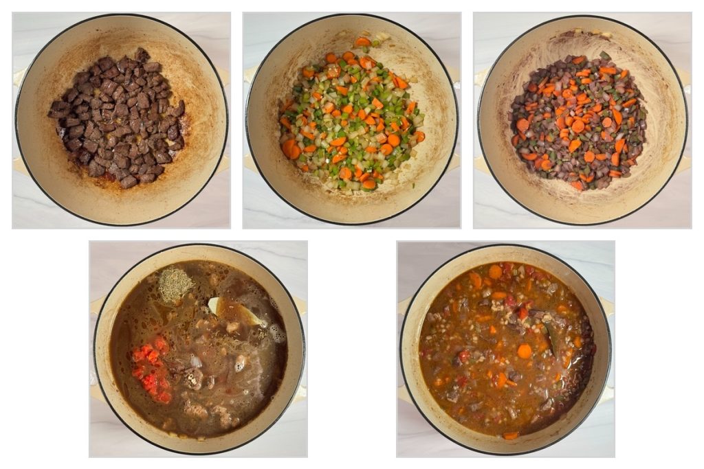Step-by-step process of making beef and barley soup showing browning beef, sautéing vegetables, adding broth and barley, and simmering in a Dutch oven.