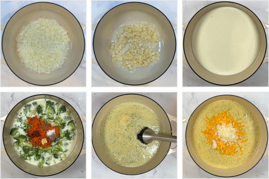 Step-by-step collage showing onions sautéing, milk base added, broccoli and seasonings simmering, partial blending, and cheese being stirred into broccoli cheddar soup in a Dutch oven.