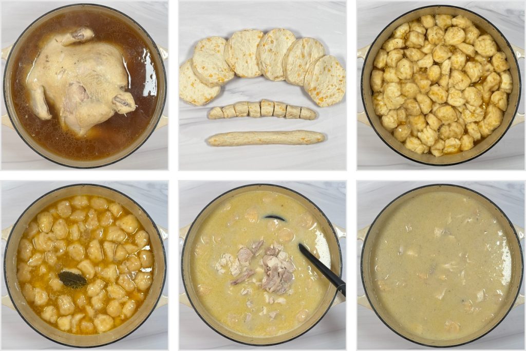 Step-by-step collage showing whole chicken simmering in stock, biscuit dough sliced into dumplings, dumplings cooking in broth, shredded chicken added back to the pot, and finished creamy chicken and dumplings soup in a Dutch oven.