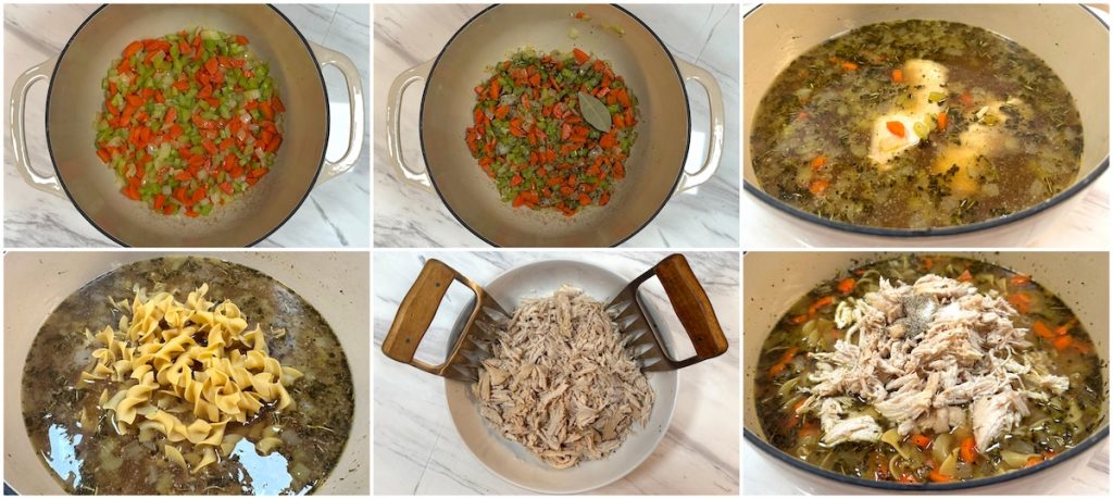 Step-by-step process of making chicken noodle soup: sautéing vegetables, adding broth and chicken, cooking noodles, and finishing with shredded chicken.