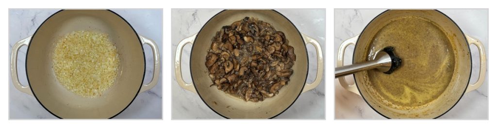 Step-by-step process of making creamy mushroom soup: sautéing diced onion in a Dutch oven, cooking down sliced mushrooms, and blending the soup into a smooth, creamy consistency.