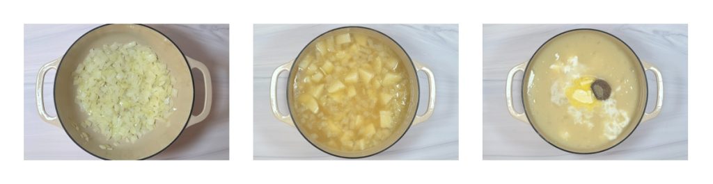 Process steps for creamy potato soup showing sautéed onions, potatoes simmering in broth, and soup finished with butter and seasoning.
