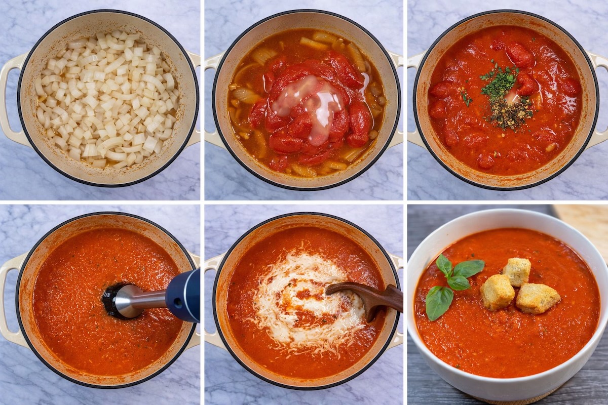 Step-by-step process showing tomato soup cooking, blending, and finishing with cream.