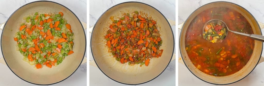 Step-by-step vegetable soup process showing sautéed onions, carrots, and celery in a Dutch oven, tomato paste and seasonings added and cooked down, and the finished brothy vegetable soup with green beans, potatoes, corn, and diced tomatoes.