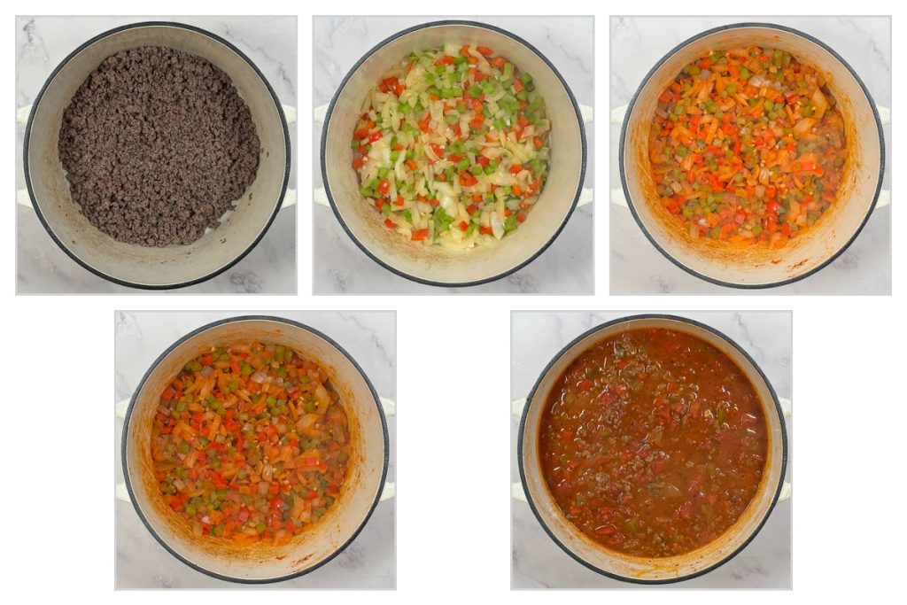 Step-by-step process of making stuffed pepper soup: browning ground beef, sautéing diced onion and bell peppers, cooking vegetables with tomato paste, and simmering the soup with tomatoes, broth, rice, and seasonings in a Dutch oven.