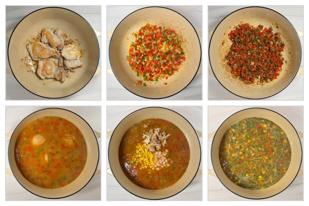 Step-by-step process of making white bean chicken chili: browning chicken thighs, sautéing onion and bell peppers, simmering with broth and spices, adding white beans and corn, and finishing with shredded chicken and fresh herbs.