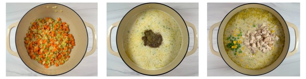 Step-by-step process of making chicken pot pie soup: sautéing onion, celery, and carrots, creating a creamy base with broth and milk, and adding chicken, potatoes, and vegetables to simmer.