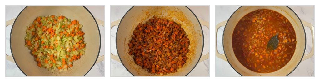 Step-by-step process of making easy one-pot lentil soup: sautéing onion, celery, and carrots, cooking with tomato paste and spices, and simmering lentils with broth and tomatoes in a Dutch oven.