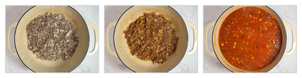 Step-by-step process of making easy taco soup: browning ground beef with onion, adding taco seasoning, and simmering with beans, corn, tomatoes, and broth in a Dutch oven.