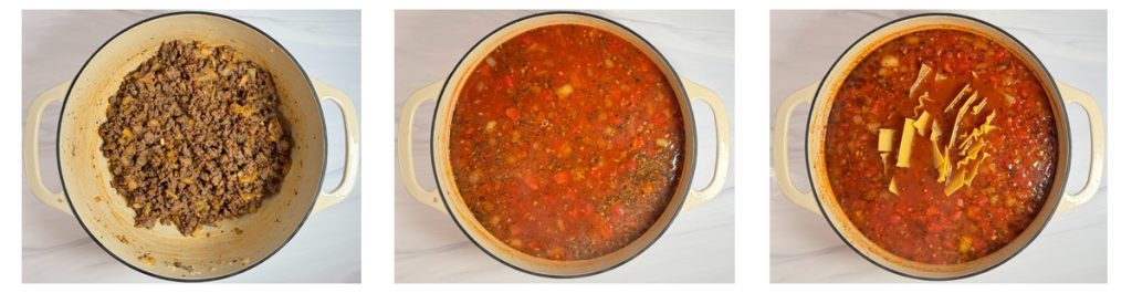 Step-by-step process of making lasagna soup: browning ground beef, simmering with tomatoes and broth, and adding broken lasagna noodles to finish the soup.