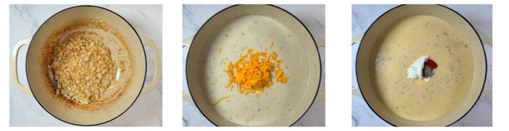 Step-by-step process of making loaded baked potato soup: sautéing diced onion, creating a creamy base with flour and milk, and adding potatoes, cheese, and sour cream to finish the soup.