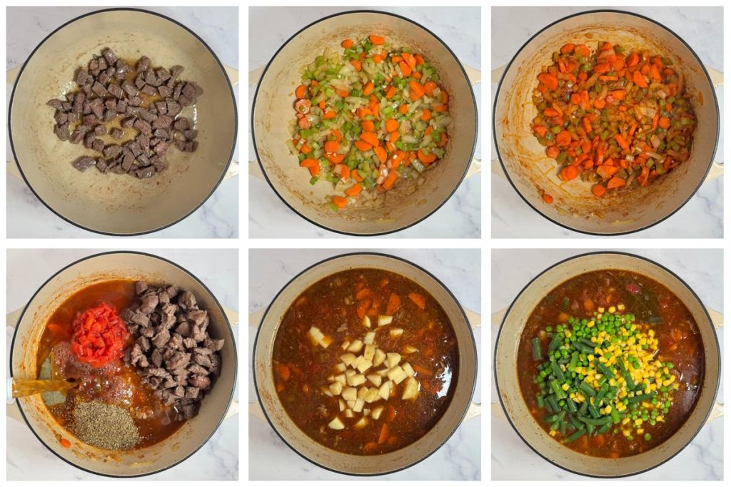 Step-by-step process of making beef vegetable soup: browning beef, sautéing vegetables, adding tomatoes and broth, then simmering with potatoes and mixed vegetables.