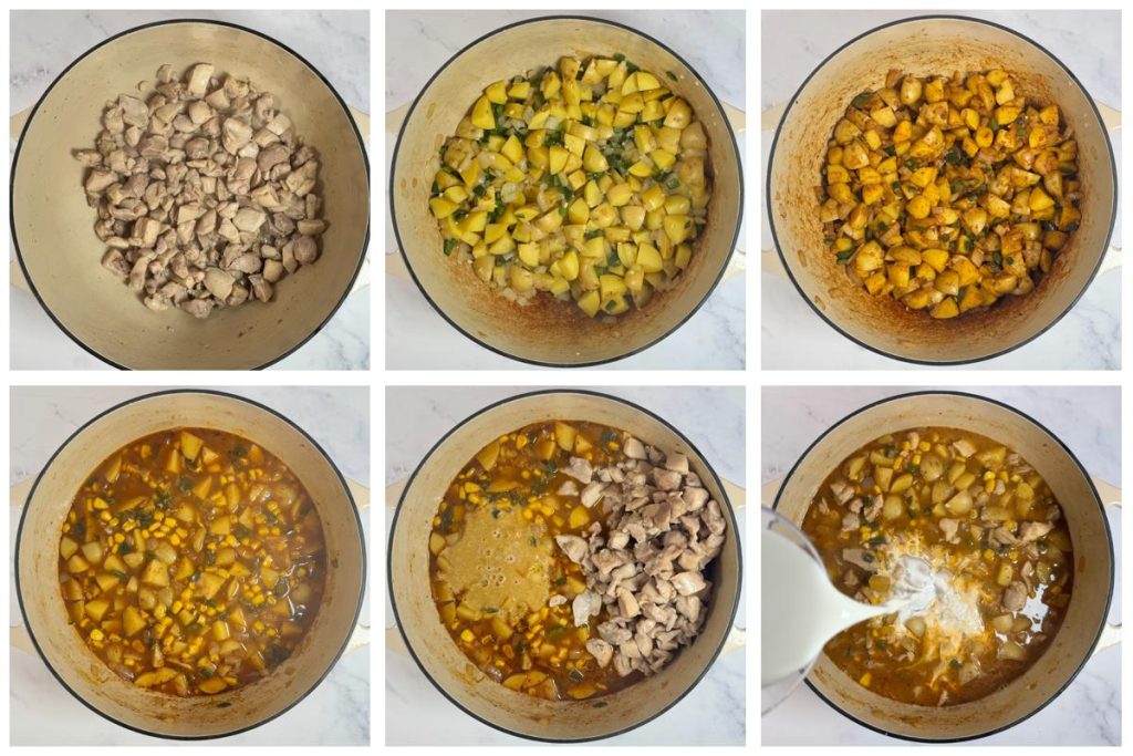 Step-by-step process of making chicken poblano corn chowder: cooking chicken, sautéing vegetables and potatoes, adding broth and corn, then finishing with cream.