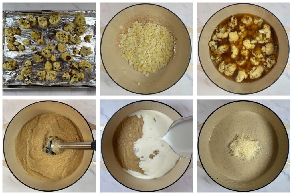 Step-by-step process of making creamy cauliflower soup: roasting cauliflower, sautéing onions and garlic, simmering with broth, blending until smooth, then adding cream and Parmesan.