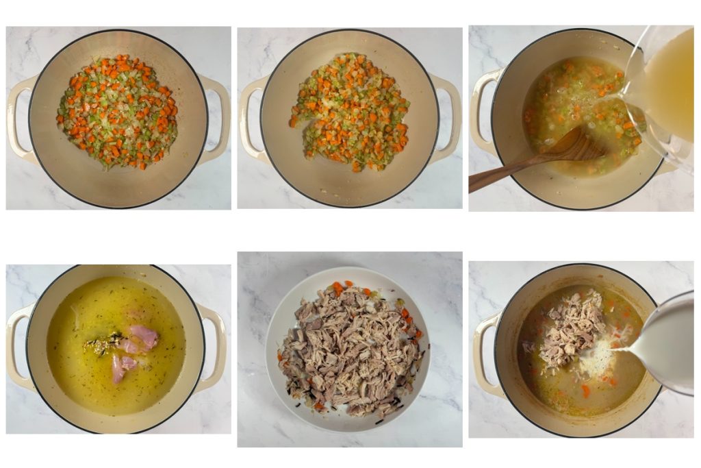 Step-by-step process of making creamy chicken and wild rice soup: sautéing onion, celery, and carrots, adding broth and chicken to cook with wild rice, then stirring in milk for a creamy finish.