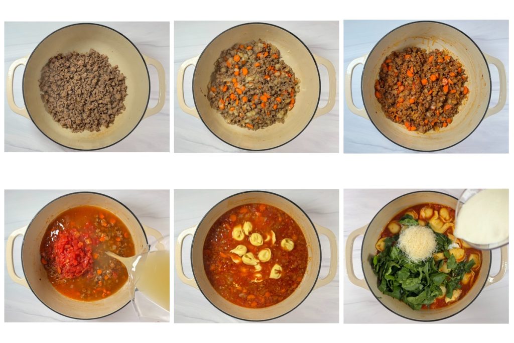 Step-by-step process of making creamy tortellini soup with sausage and spinach: browning sausage with onion and carrots, adding tomatoes and broth, simmering with tortellini, then finishing with spinach, cream, and Parmesan.