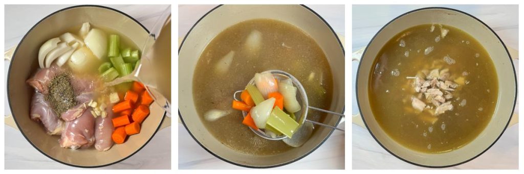 Step-by-step process of making chicken soup base: simmering chicken with vegetables and broth, removing cooked vegetables, shredding chicken, and returning it to the broth before portioning for freezing.