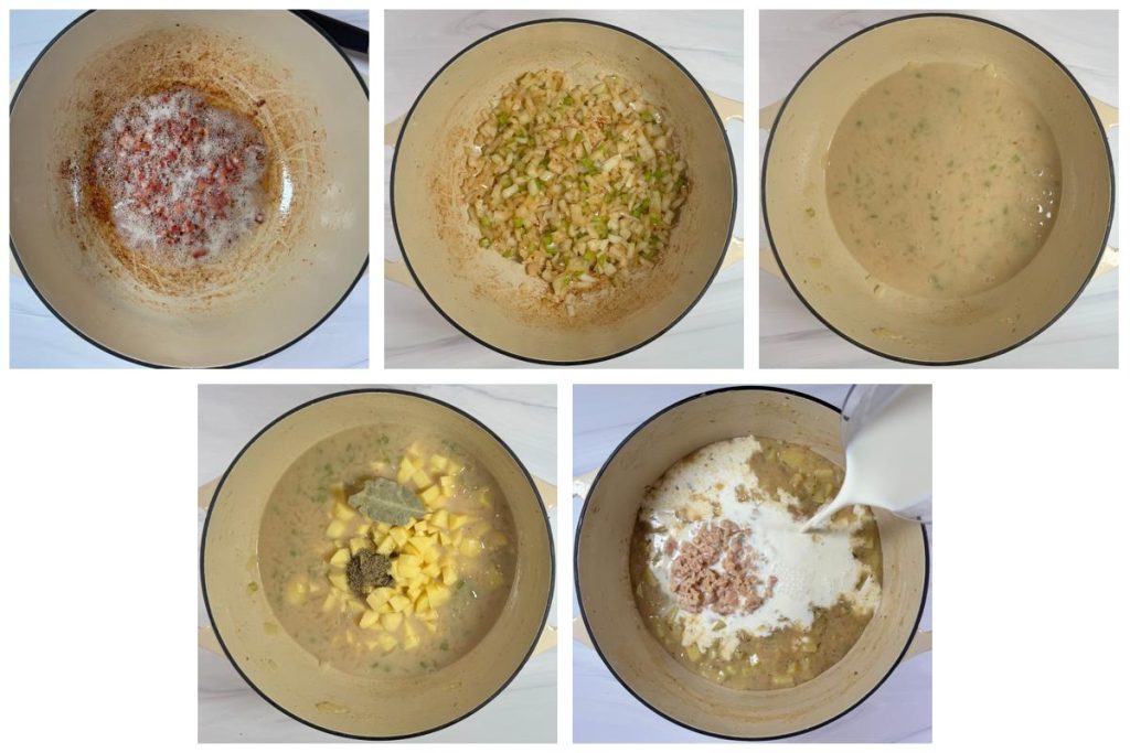 Step-by-step process of making clam chowder: cooking bacon, sautéing onion and celery, making a roux, adding potatoes and broth, then finishing with clams and cream for a thick, creamy soup.