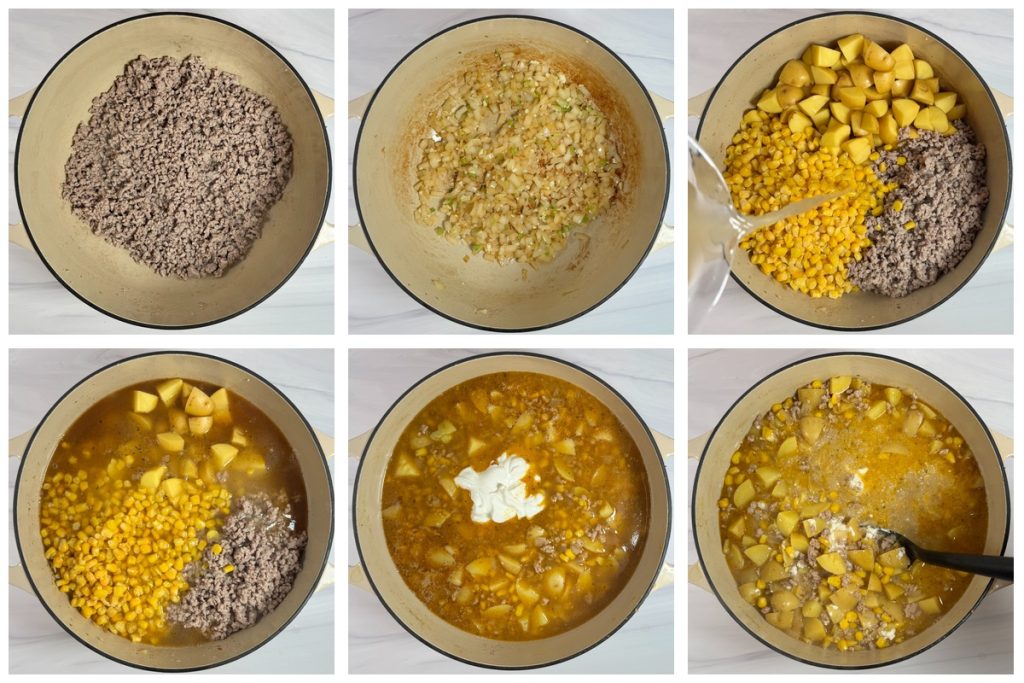 Step-by-step process of making Santa Fe pork and potato soup: browning ground pork, sautéing onion and garlic, adding potatoes, corn, and broth, then finishing with sour cream and cheese for a creamy soup.