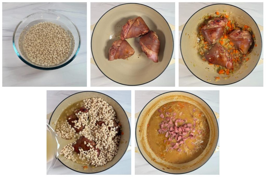 Step-by-step process of making ham and bean soup: soaking beans, browning ham hocks, sautéing vegetables, adding beans and broth, then simmering until thick and tender.