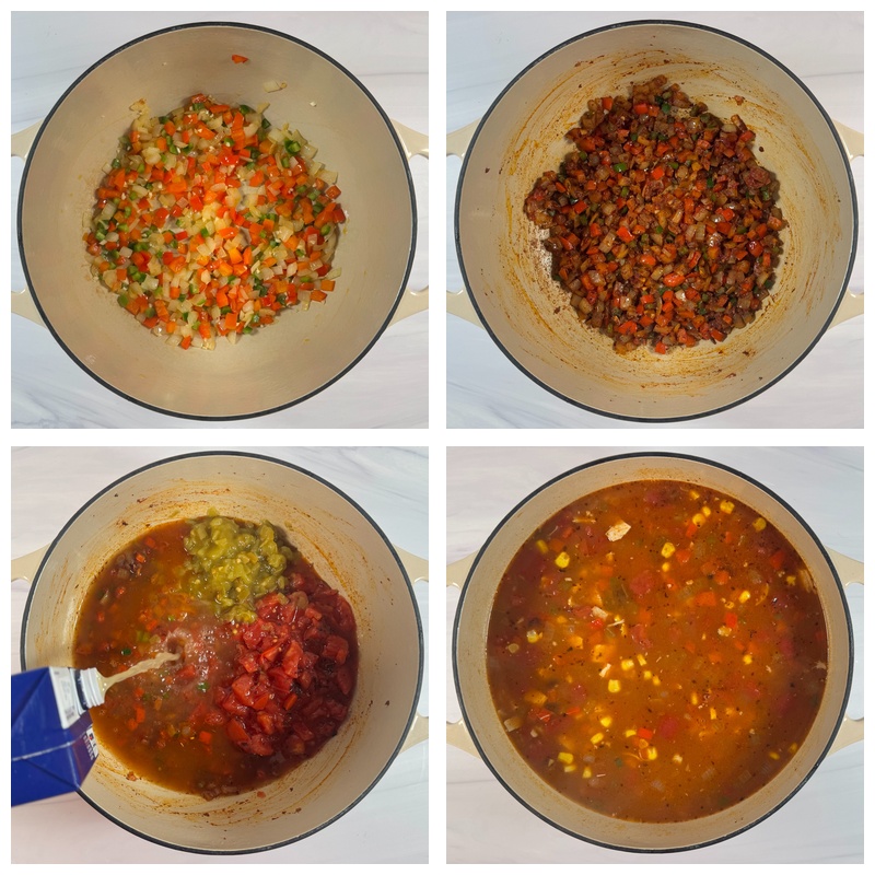 Step-by-step process of making chicken tortilla soup: sautéing vegetables, cooking tomato paste and spices, adding broth and tomatoes, then simmering the soup with chicken, beans, and corn.