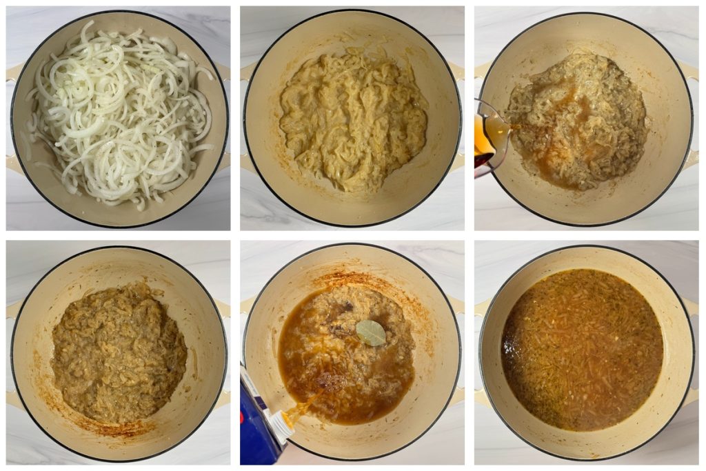 Step-by-step process of making French onion soup by slowly cooking onions, caramelizing them, and adding sherry and beef stock.