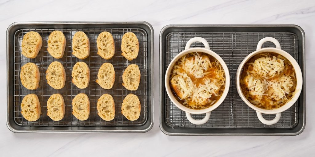 Toasted baguette slices and bowls of French onion soup topped with shredded cheese before broiling until melted and bubbly.