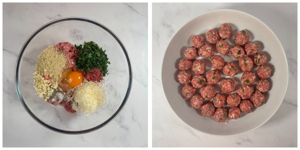 Step-by-step process of making the meatballs for Italian wedding soup: mixing ground meat with breadcrumbs, Parmesan, egg, garlic, and parsley, then rolling the mixture into small meatballs.