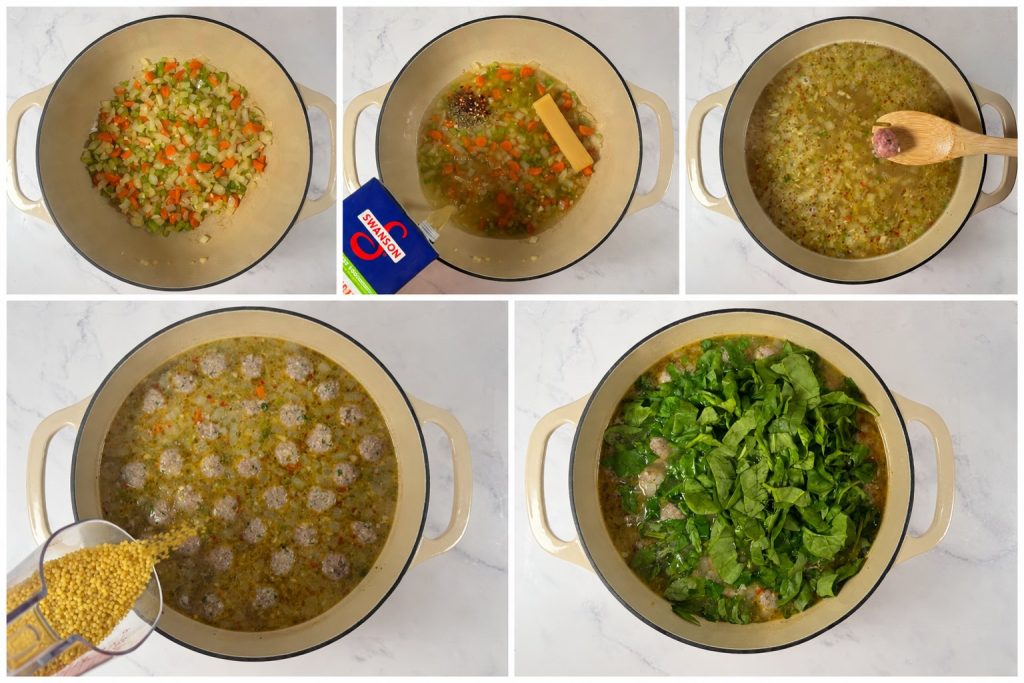 Step-by-step process of making Italian wedding soup: sautéing onion, carrots, and celery, adding broth and seasonings, simmering the mini meatballs, then stirring in the pasta and spinach to finish the soup.