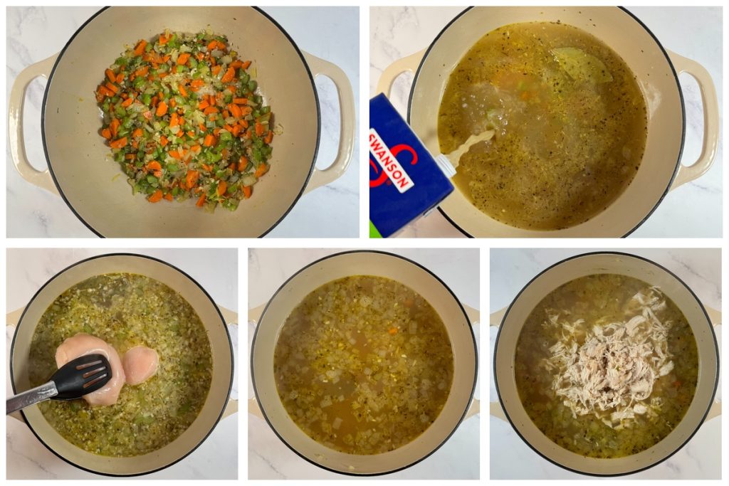 Step-by-step process of making lemon chicken orzo soup: sautéing vegetables, simmering chicken in broth, cooking the orzo, and shredding the chicken into the soup.