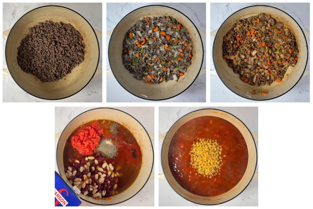 Step-by-step process of making pasta e fagioli: browning ground beef, sautéing vegetables, adding beans, tomatoes, broth, and seasonings, then stirring in pasta to finish the soup.