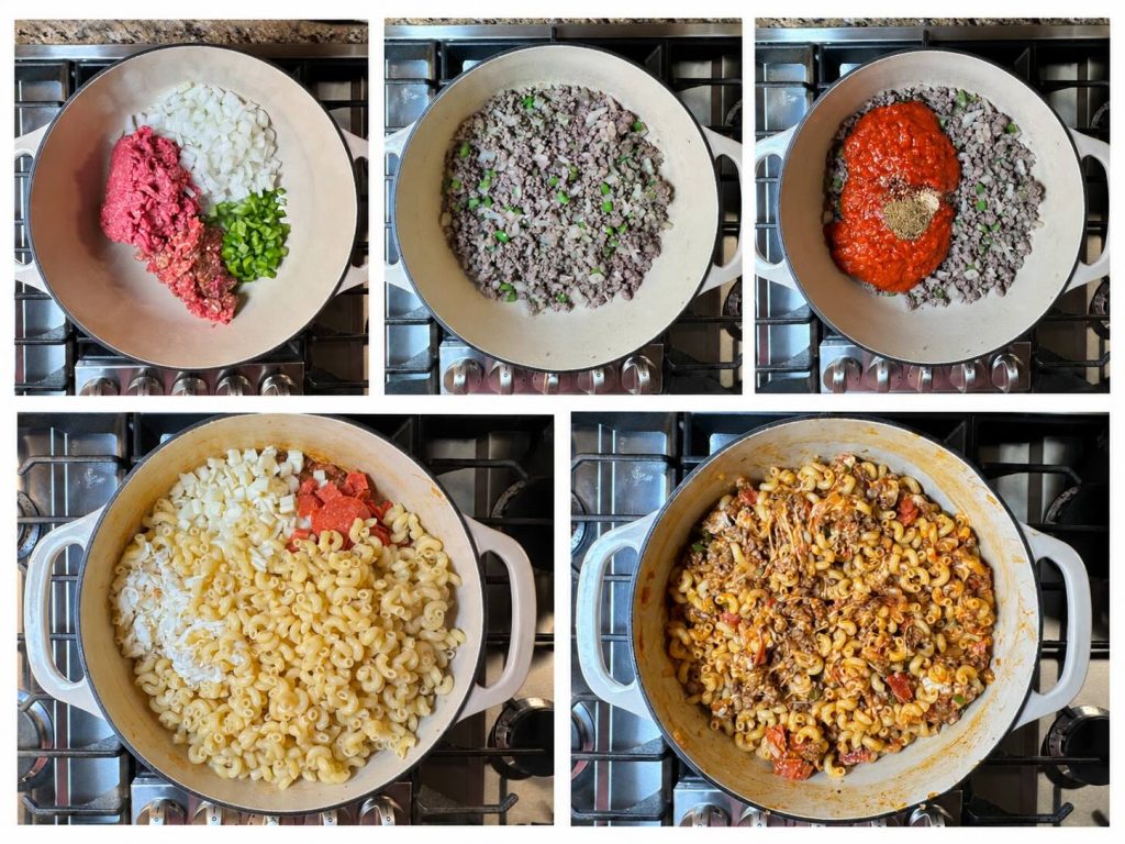 Step-by-step process of making easy pizza casserole: cooking ground beef with onion and green bell pepper, stirring in pizza sauce and seasonings, then mixing in cooked macaroni and cheese.