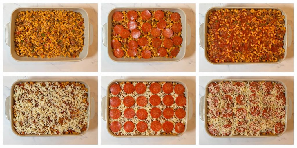 Step-by-step process of assembling easy pizza casserole: spreading the pasta mixture in a baking dish, adding sauce, cheese, and pepperoni, then layering the top before baking.
