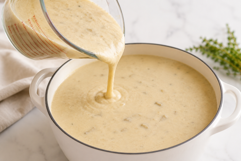 Blended soup being poured back into a pot to make the soup creamy without cream.