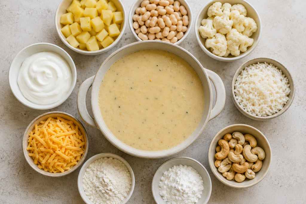 Bowls of ingredients that can make soup creamy without cream arranged around a pot of soup.