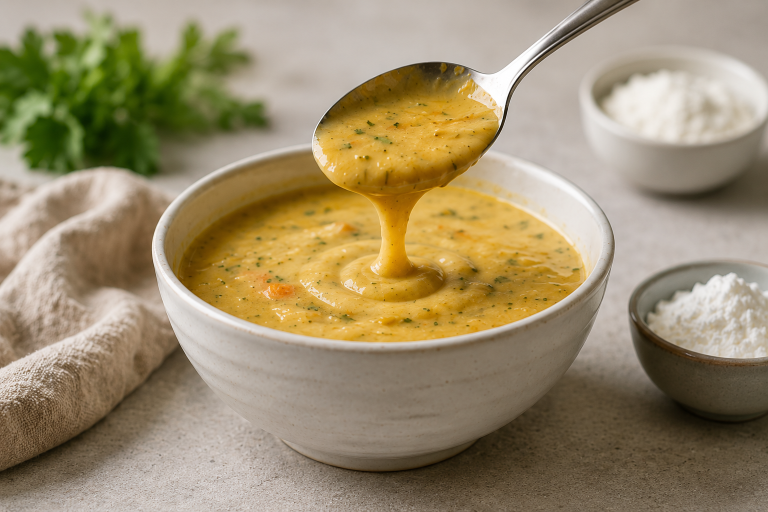 Spoon lifting thick creamy soup from a white bowl to show the soup's texture.