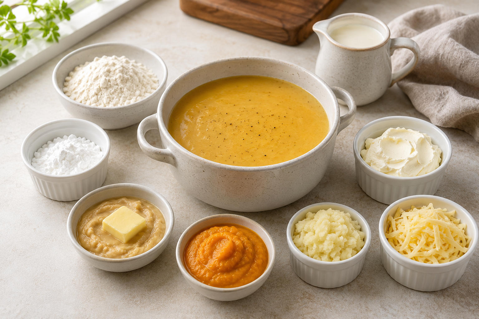 Bowls of common soup thickeners arranged around a pot of creamy soup.