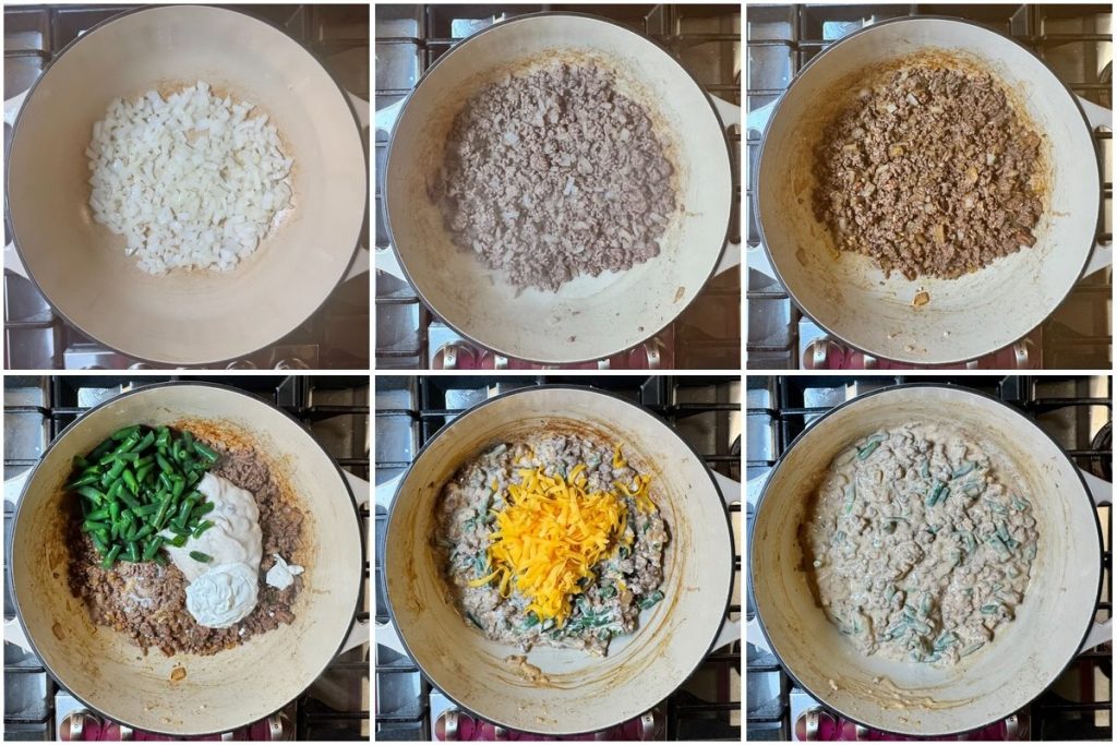 Step-by-step process of making tater tot casserole: sautéing onion, browning ground beef, then stirring in green beans, cream of mushroom soup, sour cream, milk, and cheese.