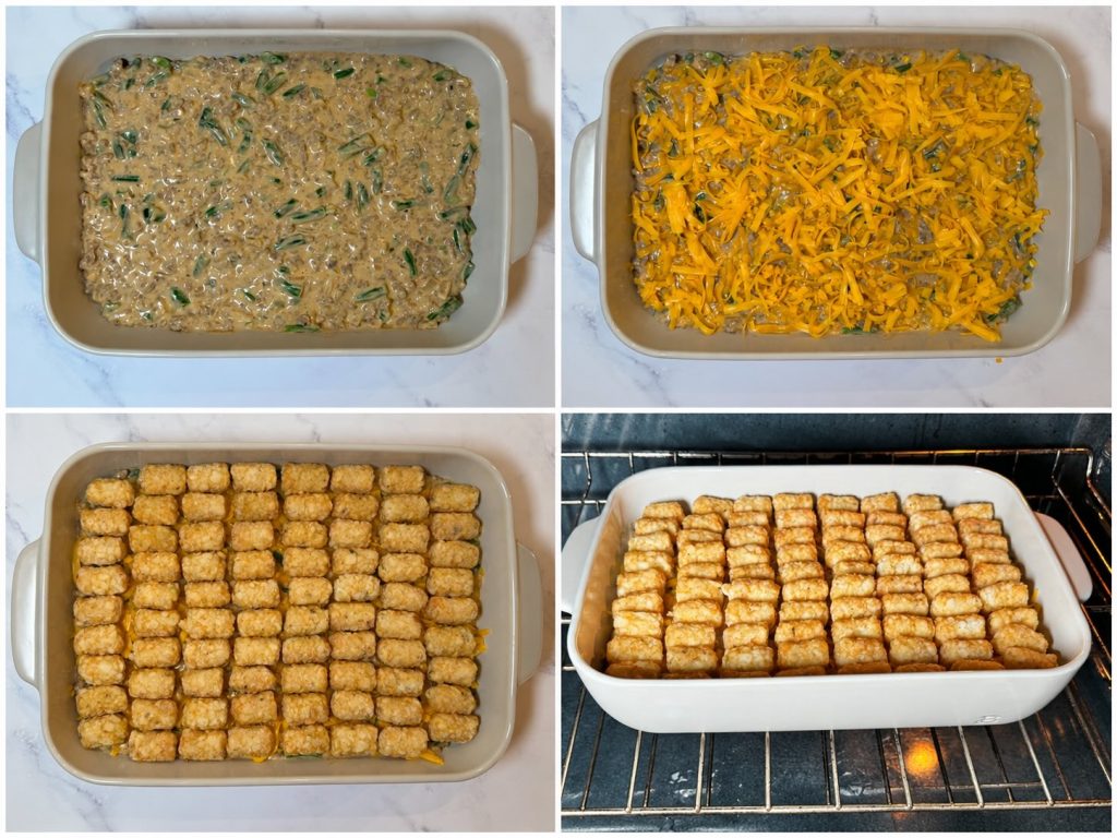 Step-by-step process of assembling tater tot casserole: spreading the creamy beef mixture in a baking dish, topping with cheddar cheese, arranging tater tots in rows, and baking until golden.