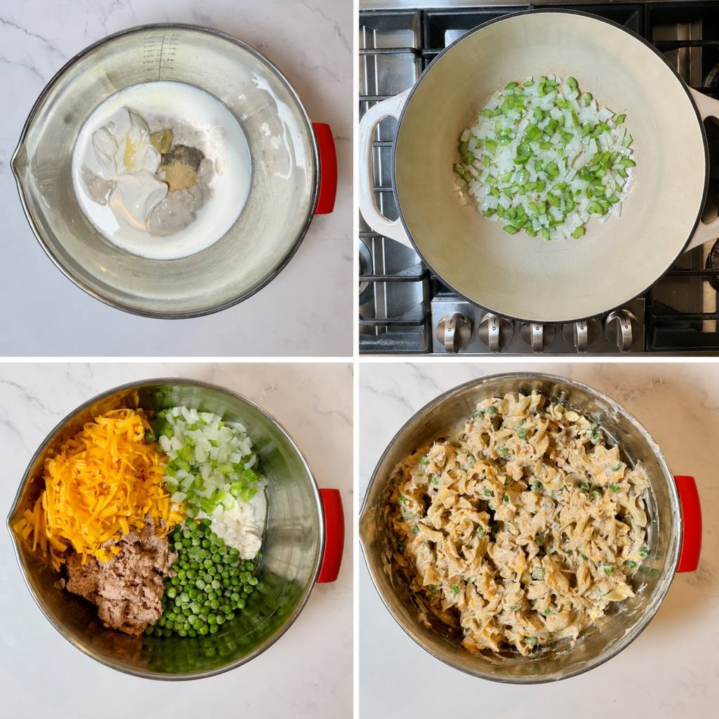 Step-by-step process of making tuna noodle casserole: mixing the creamy sauce, sautéing onion and celery, combining tuna, noodles, peas, and cheese, then stirring everything together.
