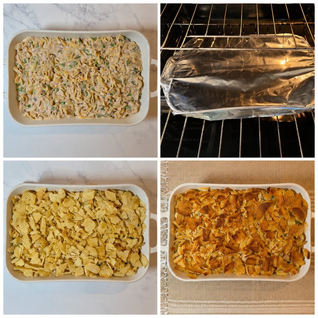 Tuna noodle casserole step-by-step photos showing the casserole mixture in a baking dish, covered with foil in the oven, topped with potato chips, and baked until golden brown.