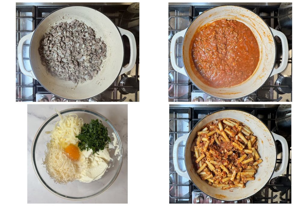 Step-by-step process of making baked ziti with ground beef: browning ground beef with onion, simmering the tomato meat sauce, mixing the ricotta cheese filling, and combining cooked ziti with sauce.