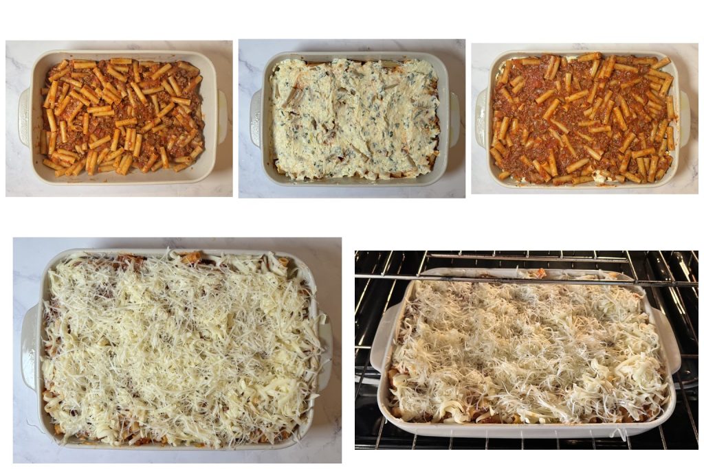Step-by-step process of assembling baked ziti with ground beef: layering sauced pasta, ricotta cheese mixture, more meat sauce, mozzarella, and Parmesan before baking.