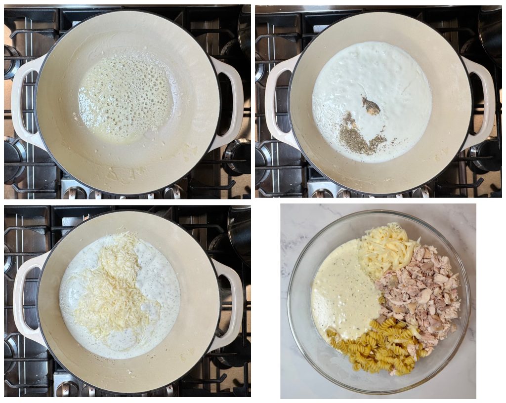 Step-by-step process of making Chicken Alfredo Bake: melting butter, adding cream and seasonings, stirring in Parmesan cheese, and combining the Alfredo sauce with cooked pasta, chicken, and mozzarella.