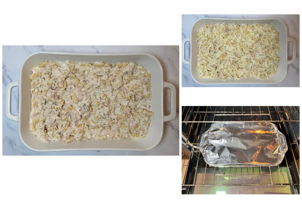 Step-by-step process of assembling Chicken Alfredo Bake: spreading the pasta mixture into a baking dish, topping it with shredded mozzarella, covering with foil, and baking until hot and bubbly.