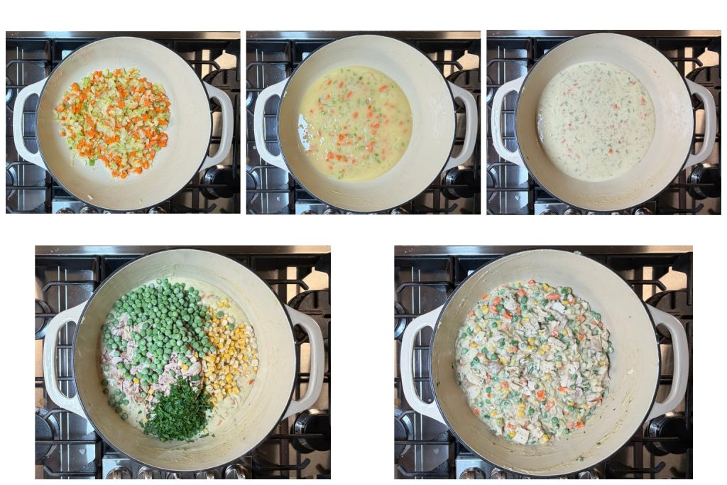 Step-by-step process of making chicken pot pie casserole filling: sautéing onion, carrots, and celery, making a creamy sauce, then stirring in chicken, peas, corn, and parsley.
