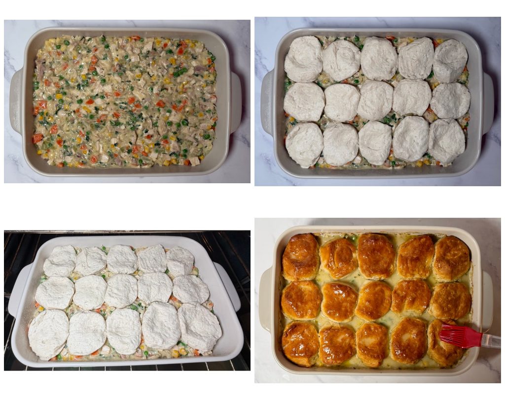 Step-by-step process of assembling and baking chicken pot pie casserole: spreading the creamy chicken filling in a baking dish, topping with biscuits, baking, and brushing the biscuits until golden.