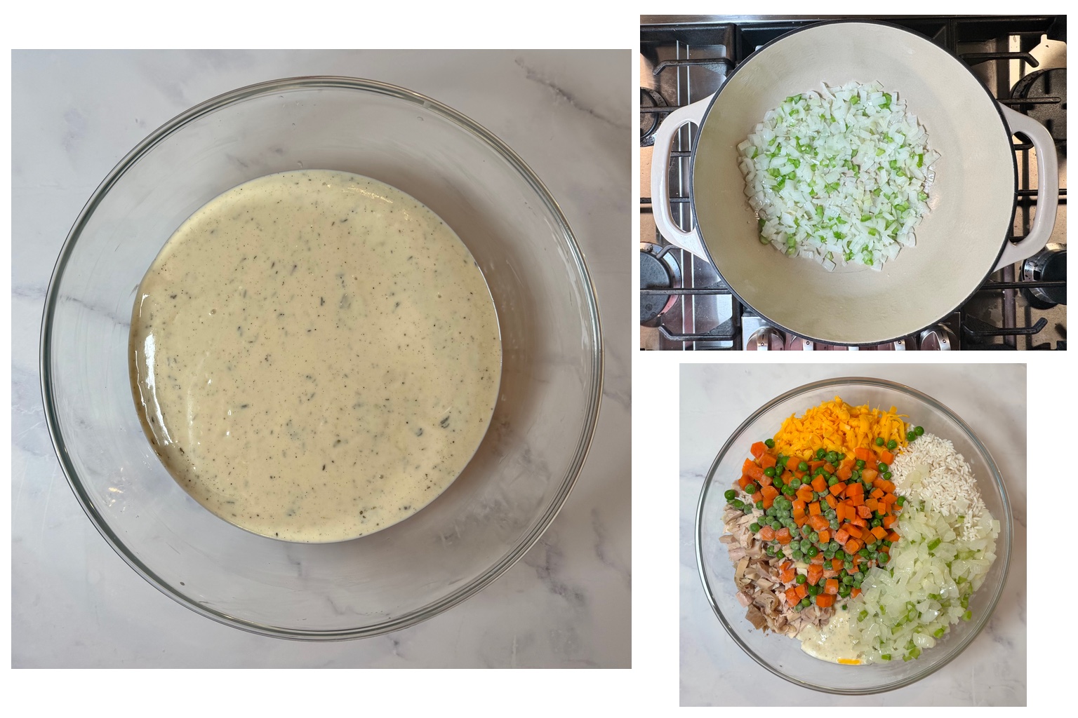 Step-by-step process of making creamy chicken and rice casserole: mixing the creamy sauce, sautéing onion and celery, then combining chicken, rice, vegetables, cheese, and sauce.
