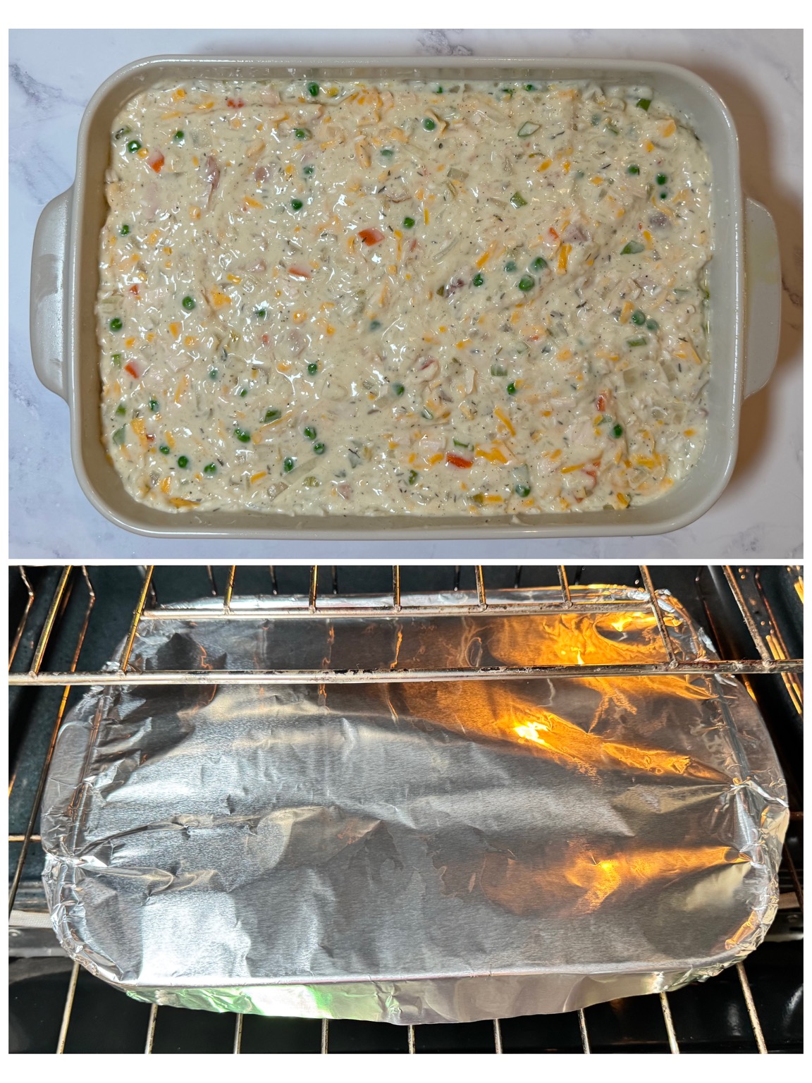 Step-by-step process of baking creamy chicken and rice casserole: spreading the chicken and rice mixture in a baking dish and covering it with foil before baking.