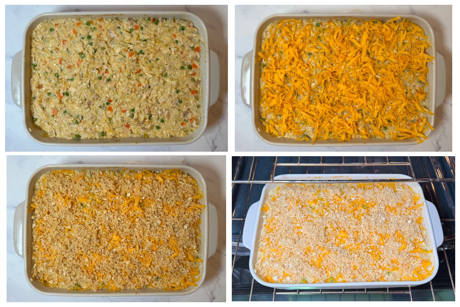 Step-by-step process of finishing creamy chicken and rice casserole: topping the casserole with cheddar cheese and buttery cracker crumbs, then baking until golden and bubbly.